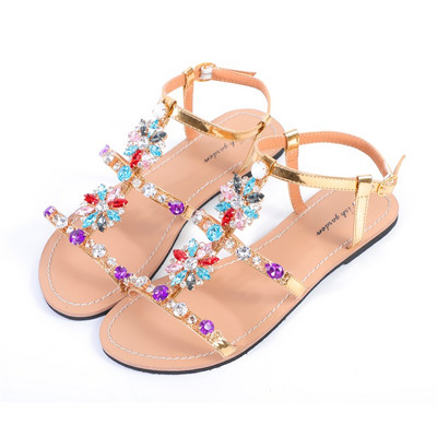 NOI Sandale de vară pentru femei Peep Toe Bohemia Pantofi plati cu diamante pentru femei, Casual, pentru plajă, cu strasuri, papuci de mărime mare