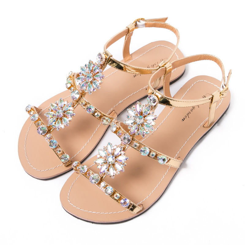 NOI Sandale de vară pentru femei Peep Toe Bohemia Pantofi plati cu diamante pentru femei, Casual, pentru plajă, cu strasuri, papuci de mărime mare