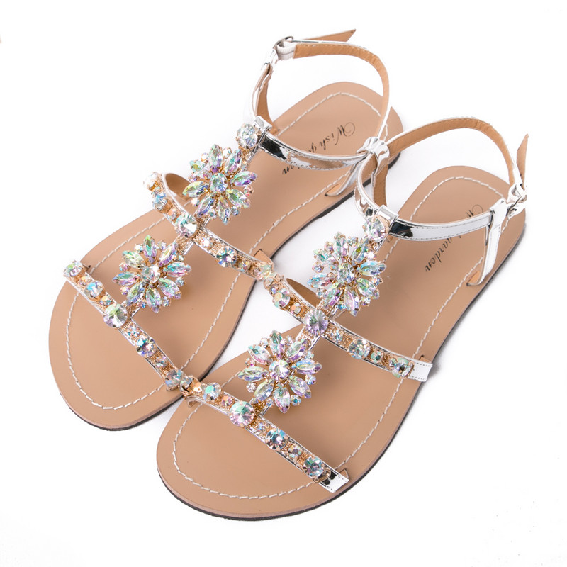 NOI Sandale de vară pentru femei Peep Toe Bohemia Pantofi plati cu diamante pentru femei, Casual, pentru plajă, cu strasuri, papuci de mărime mare