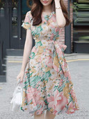 Rochie de soare boemă florală pentru femei Rochie de vară elegantă cu gâtul O Rochii de vacanță cu mânecă scurtă Robă până la genunchi Rochii de lucru ZANZEA