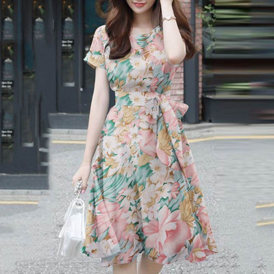 Rochie de soare boemă florală pentru femei Rochie de vară elegantă cu gâtul O Rochii de vacanță cu mânecă scurtă Robă până la genunchi Rochii de lucru ZANZEA