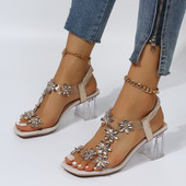 Nyári női szandál PVC kristály virágos női cipő dekoráció vaskos sarkú szandál női hátpántos divatcipő női