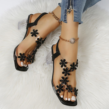 Летни дамски сандали PVC обувки с кристални цветя за жени Декорация Сандали с масивен ток Дамски модни обувки с каишка за гърба Дамски
