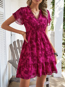 Szexi női őszi mini ruha virágmintás V nyakú, 3/4 denevér ujjú, fűzős, szabálytalan szegélyű, laza, letakarható tengerparti ruha