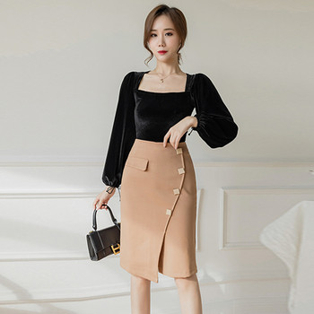 Офис дама Винтидж пола молив с висока талия Елегантна семпла корейска мода Ежедневни разтегателни поли с цепка с гърди Faldas Mujer