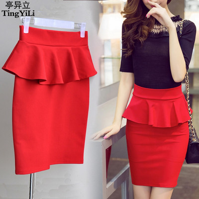 TingYiLi 3XL 4XL 5XL Fusta Peplum Office Lady Fusta Volană Femei Sexy Mini Fusta Creion Cu Despicat Fusta Rosie Neagra