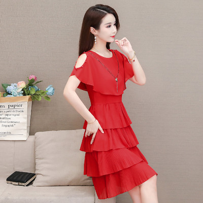 Suvise šifoonist naiste O-kaelusega soliidsed helmestega lühikesed kleidid, armsad mantliga varrukad, õhukesed volangid, vabaaja kihiline naiste rannapeokleit