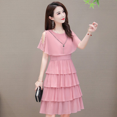 Suvise šifoonist naiste O-kaelusega soliidsed helmestega lühikesed kleidid, armsad mantliga varrukad, õhukesed volangid, vabaaja kihiline naiste rannapeokleit