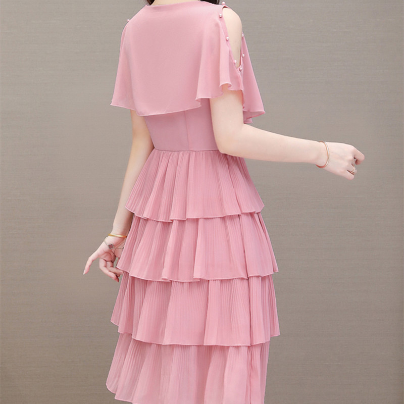 Suvise šifoonist naiste O-kaelusega soliidsed helmestega lühikesed kleidid, armsad mantliga varrukad, õhukesed volangid, vabaaja kihiline naiste rannapeokleit