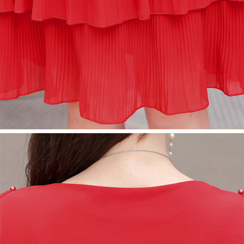 Suvise šifoonist naiste O-kaelusega soliidsed helmestega lühikesed kleidid, armsad mantliga varrukad, õhukesed volangid, vabaaja kihiline naiste rannapeokleit