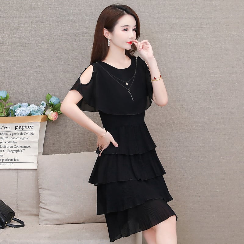 Suvise šifoonist naiste O-kaelusega soliidsed helmestega lühikesed kleidid, armsad mantliga varrukad, õhukesed volangid, vabaaja kihiline naiste rannapeokleit