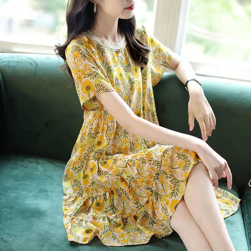 Μόδα σιφόν με φαρδιά στάμπα με πτυχώσεις Μίνι φόρεμα γυναικεία ρούχα 2023 Καλοκαίρι Νέο κοντομάνικο γραφείο Γυναικείο φλοράλ φόρεμα