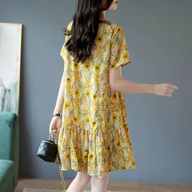 Μόδα σιφόν με φαρδιά στάμπα με πτυχώσεις Μίνι φόρεμα γυναικεία ρούχα 2023 Καλοκαίρι Νέο κοντομάνικο γραφείο Γυναικείο φλοράλ φόρεμα