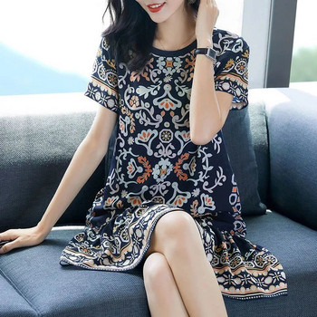 Нова лятна корейска елегантна модна рокля с принт Дамска рокля с къс ръкав на цветя, средна дължина, A-line Vestidos De Fiesta Aesthetic Robe Femme