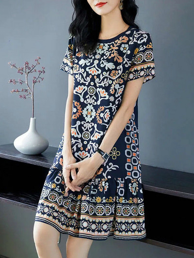 Suvine uus korea elegantne moekleit naiste lühikeste varrukatega lilleline keskmise pikkusega A-kujuline Vestidos De Fiesta esteetiline naiselik rüü