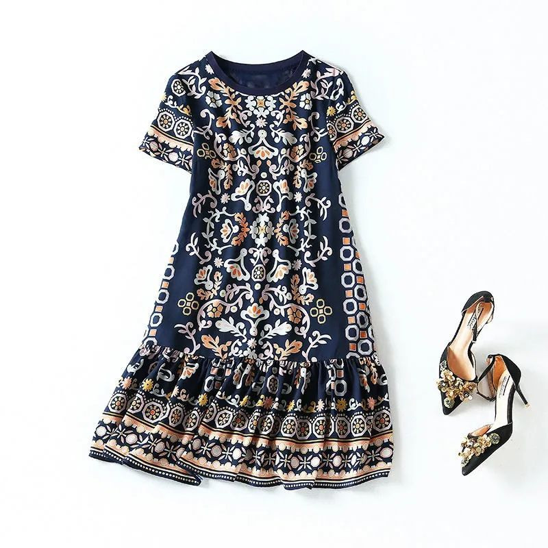 Suvine uus korea elegantne moekleit naiste lühikeste varrukatega lilleline keskmise pikkusega A-kujuline Vestidos De Fiesta esteetiline naiselik rüü