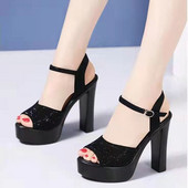 2024 Σανδάλια Γυναικεία Καλοκαίρι Νέα Ανοιχτή Γυναικεία Παπούτσια Μία γραμμή Πόρπη με λουράκι Χοντρό τακούνι Μοντέλο Show Super ψηλοτάκουνα παπούτσια Sexy S