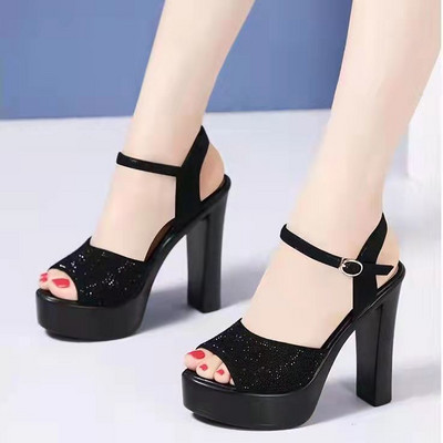 2024 Σανδάλια Γυναικεία Καλοκαίρι Νέα Ανοιχτή Γυναικεία Παπούτσια Μία γραμμή Πόρπη με λουράκι Χοντρό τακούνι Μοντέλο Show Super ψηλοτάκουνα παπούτσια Sexy S