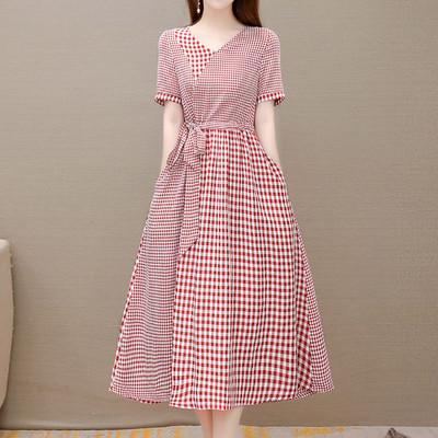 Epocă, elegantă, modă, carouri, buzunare imprimate, curea, rochii lungi, vara 2023, cu mâneci scurte, cu decolteu în V, tunică, rochie midi, îmbrăcăminte pentru femei.