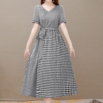 Epocă, elegantă, modă, carouri, buzunare imprimate, curea, rochii lungi, vara 2023, cu mâneci scurte, cu decolteu în V, tunică, rochie midi, îmbrăcăminte pentru femei.
