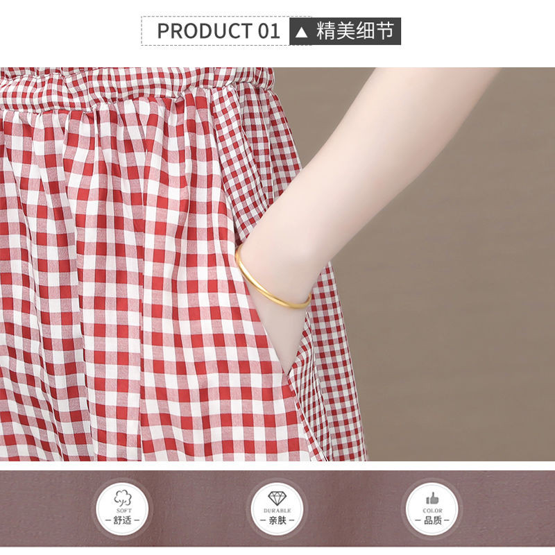 Epocă, elegantă, modă, carouri, buzunare imprimate, curea, rochii lungi, vara 2023, cu mâneci scurte, cu decolteu în V, tunică, rochie midi, îmbrăcăminte pentru femei.