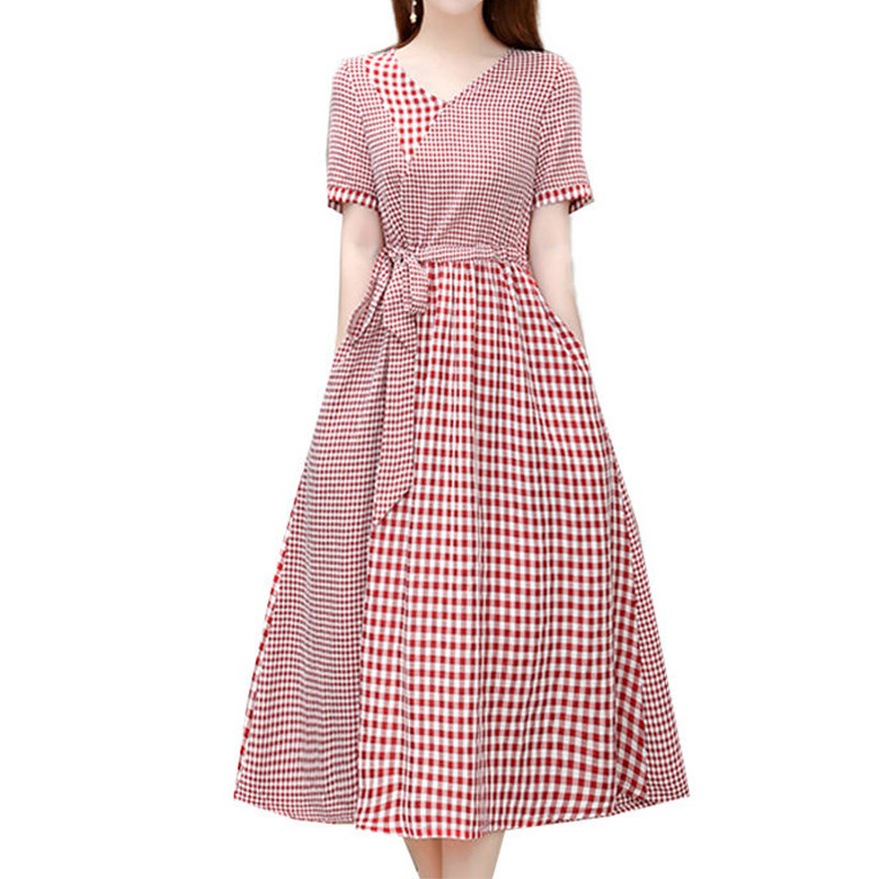 Epocă, elegantă, modă, carouri, buzunare imprimate, curea, rochii lungi, vara 2023, cu mâneci scurte, cu decolteu în V, tunică, rochie midi, îmbrăcăminte pentru femei.