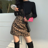 TingYiLi Fusta creion din lână leopard toamnă iarnă cu talie înaltă fustă vintage pentru femei în stil coreean fustă mini scurtă sexy pentru femei