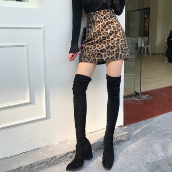 TingYiLi Леопардова вълнена пола тип молив Есен Зима Ретро дамска пола с висока талия Корейски стил Дамска секси къса мини пола