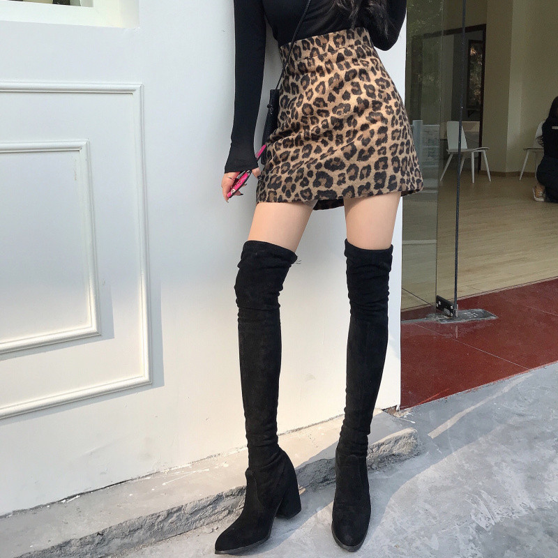 TingYiLi Fusta creion din lână leopard toamnă iarnă cu talie înaltă fustă vintage pentru femei în stil coreean fustă mini scurtă sexy pentru femei
