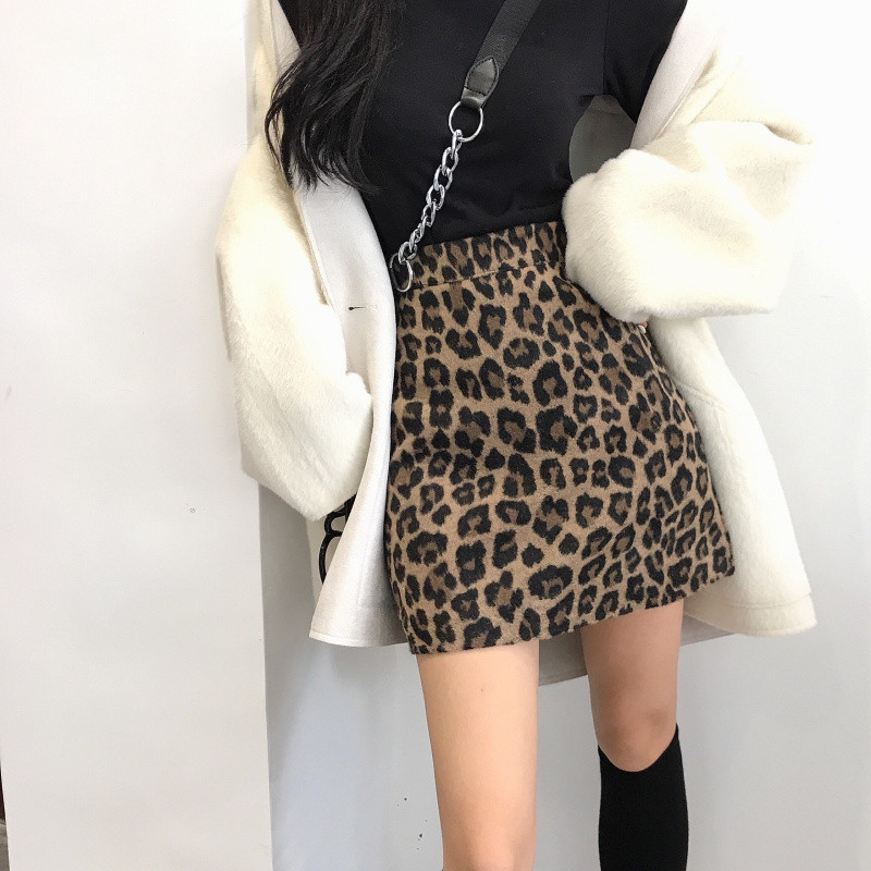 TingYiLi Fusta creion din lână leopard toamnă iarnă cu talie înaltă fustă vintage pentru femei în stil coreean fustă mini scurtă sexy pentru femei