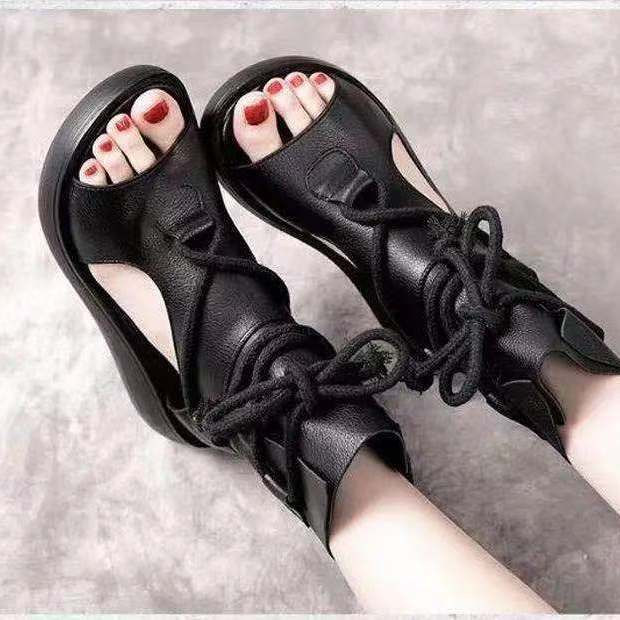 Suvised uued kõrged paksu tallaga naiste sandaalid Retro sandaalid naiste suvised lamedad kalasuu kingad kallak konts