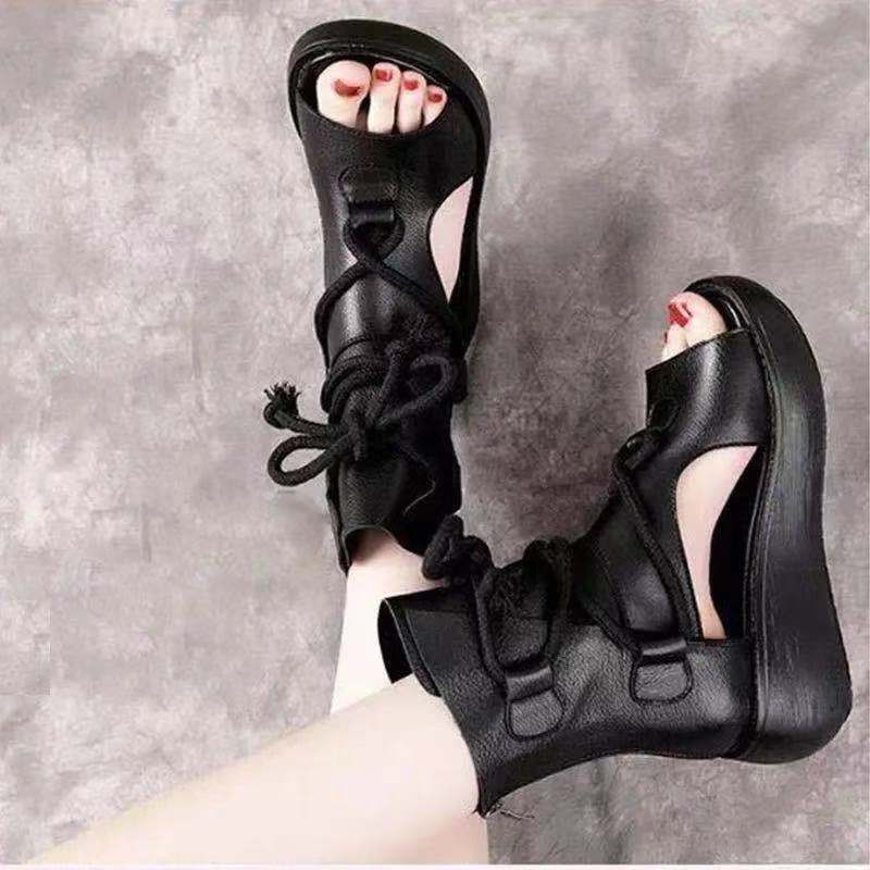 Suvised uued kõrged paksu tallaga naiste sandaalid Retro sandaalid naiste suvised lamedad kalasuu kingad kallak konts