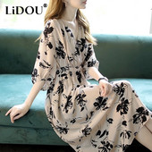 2023 Καλοκαιρινή κομψή μόδα επίδεσμος εκτύπωσης Vestidos Γυναικείο μανίκι 3/4 Φαρδύ casual ρόμπα μέσης Γυναικεία ρούχα με λαιμόκοψη V