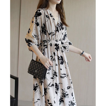 Лято 2023 г. Елегантна модна щампа с превръзка Vestidos Дамско облекло с 3/4 ръкави Свободна ежедневна роба с V-образно деколте