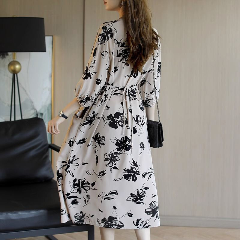 2023 Καλοκαιρινή κομψή μόδα επίδεσμος εκτύπωσης Vestidos Γυναικείο μανίκι 3/4 Φαρδύ casual ρόμπα μέσης Γυναικεία ρούχα με λαιμόκοψη V