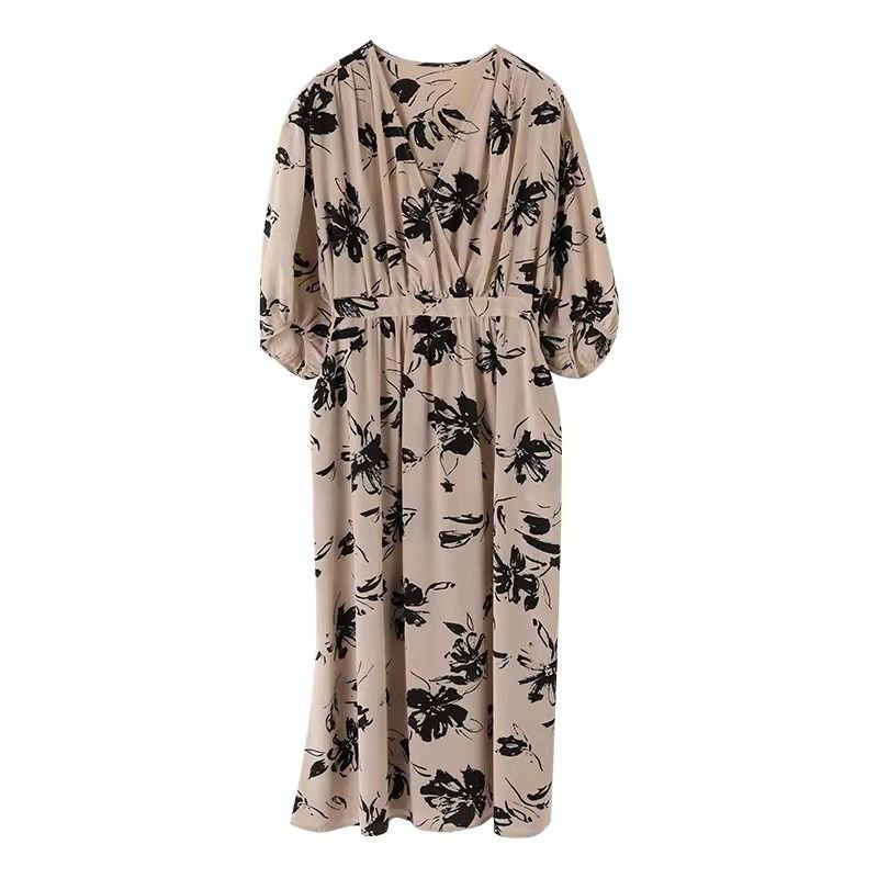 2023 Καλοκαιρινή κομψή μόδα επίδεσμος εκτύπωσης Vestidos Γυναικείο μανίκι 3/4 Φαρδύ casual ρόμπα μέσης Γυναικεία ρούχα με λαιμόκοψη V