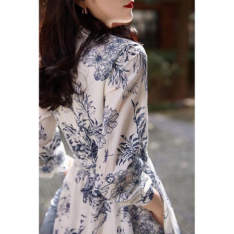 Kevadsügisne naiste elegantne mood Vintage lilledega trükitud kleit Naistele pikkade varrukatega vöökohaga pits, vabaaja naiste rüü Vestidos