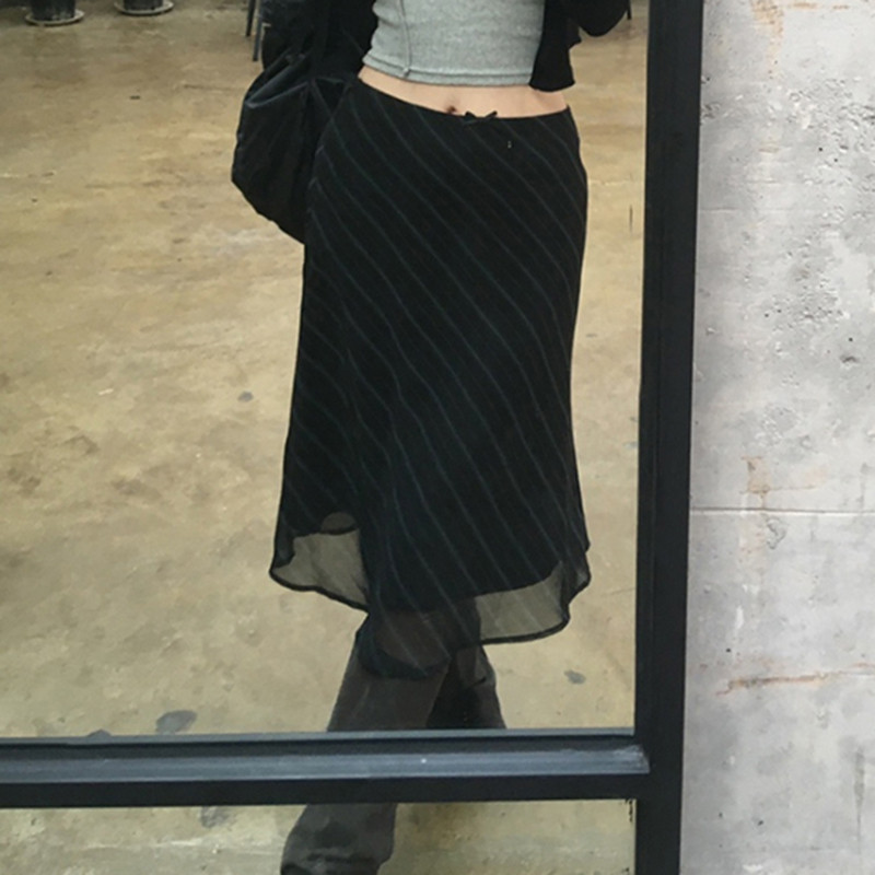 Rapcopter Y2K Bow Chiffion Midi Φούστες Γυναικείες Μαύρες ριγέ ίσιες Vintage Κορεάτικες Harajuku Prepply Χαριτωμένες φούστες Fairycore Chic