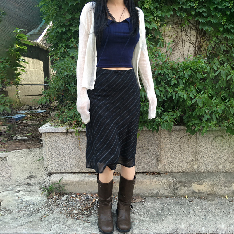 Rapcopter Y2K Bow Chiffion Midi Φούστες Γυναικείες Μαύρες ριγέ ίσιες Vintage Κορεάτικες Harajuku Prepply Χαριτωμένες φούστες Fairycore Chic