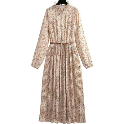 Női ruha tavaszi ősz nyári O-nyak, fodros hosszú ujjú midi ruha virágos sifon redős ruha strand vestidos