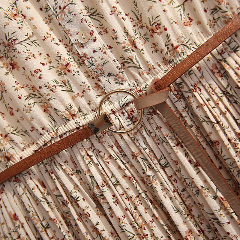 Női ruha tavaszi ősz nyári O-nyak, fodros hosszú ujjú midi ruha virágos sifon redős ruha strand vestidos