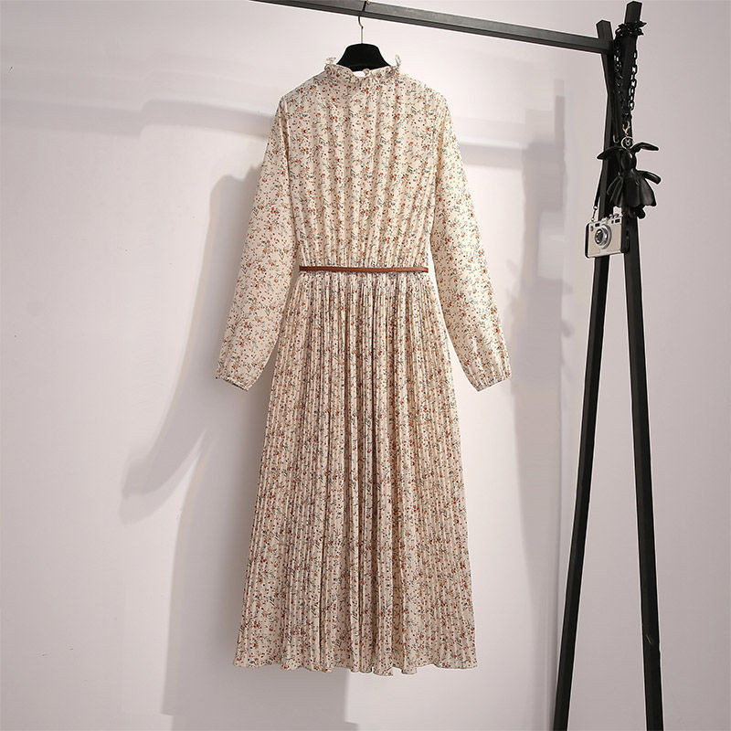 Női ruha tavaszi ősz nyári O-nyak, fodros hosszú ujjú midi ruha virágos sifon redős ruha strand vestidos