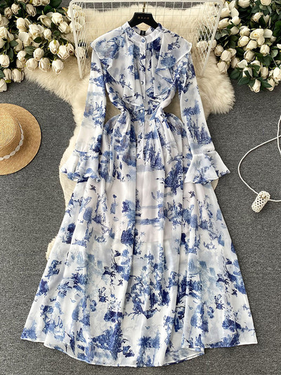 EWQ Stand krae volangid Šifoonist lapitehnika kõrge vöökohaga A-line Vestidos Sweet Style Naiste kleit Talvekevad 2024 Uus 27SN5429