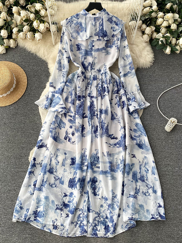 EWQ Stand krae volangid Šifoonist lapitehnika kõrge vöökohaga A-line Vestidos Sweet Style Naiste kleit Talvekevad 2024 Uus 27SN5429