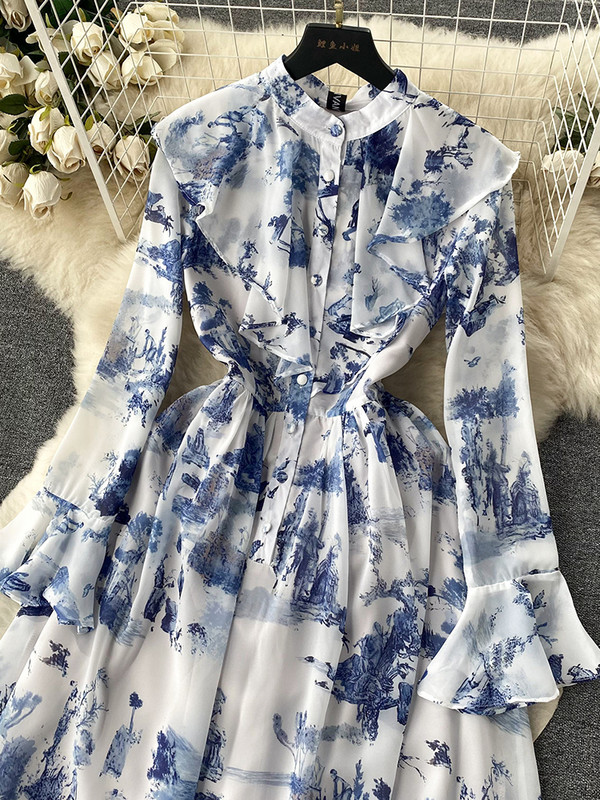 EWQ Stand krae volangid Šifoonist lapitehnika kõrge vöökohaga A-line Vestidos Sweet Style Naiste kleit Talvekevad 2024 Uus 27SN5429