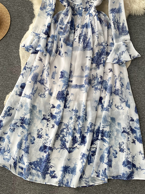 EWQ Stand krae volangid Šifoonist lapitehnika kõrge vöökohaga A-line Vestidos Sweet Style Naiste kleit Talvekevad 2024 Uus 27SN5429