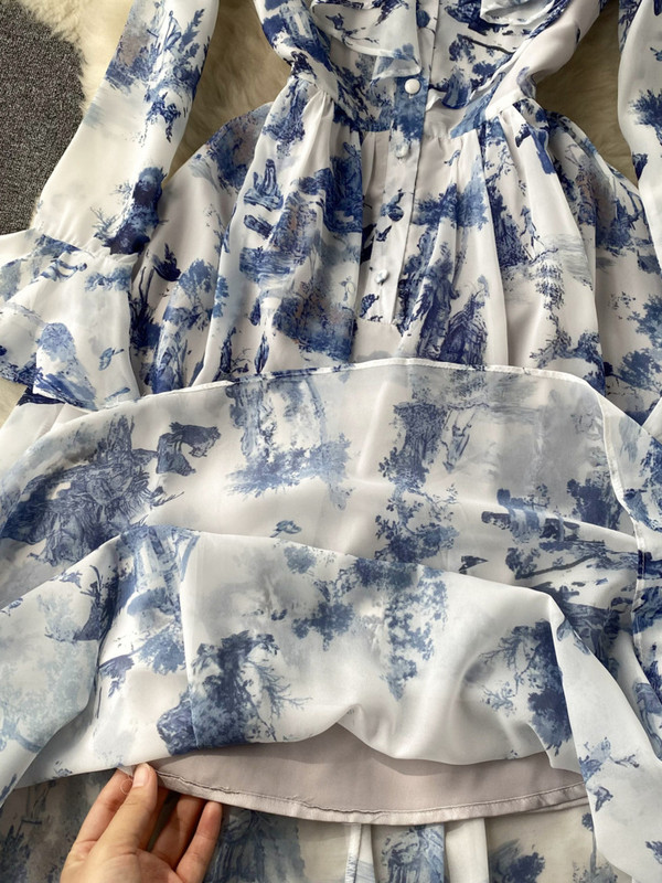 EWQ Stand krae volangid Šifoonist lapitehnika kõrge vöökohaga A-line Vestidos Sweet Style Naiste kleit Talvekevad 2024 Uus 27SN5429