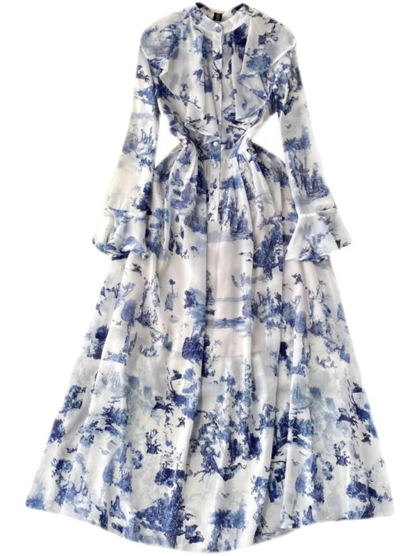 EWQ Stand krae volangid Šifoonist lapitehnika kõrge vöökohaga A-line Vestidos Sweet Style Naiste kleit Talvekevad 2024 Uus 27SN5429