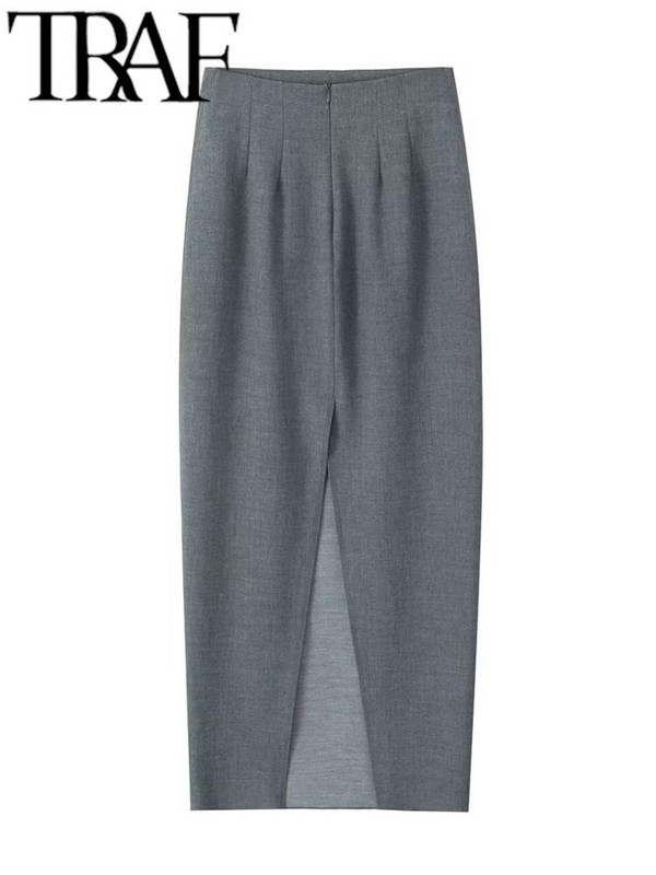 TRAF elegáns szürke női öltöny szoknya 2023 őszi szellőző cipzár mögött magas derekú csomag csípő női maxi hosszú szoknya Y2K