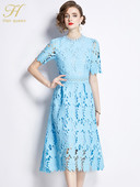 H Han Queen 2024. Nove ljetne haljine Ženska elegantna odjeća Izdubljena uredska čipkana haljina Modna uska midi ležerna haljina za zabavu